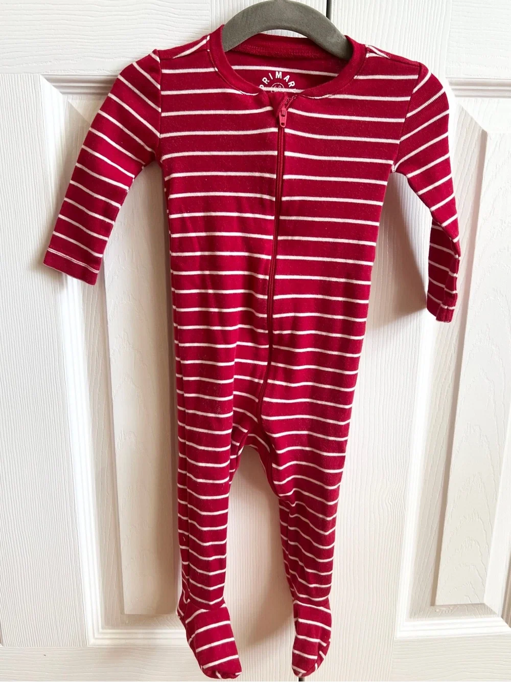 Primary Red & White Striped Footed One-Piece Zipper Romper